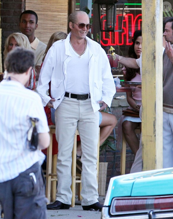 Exclusif - Johnny Depp, Peter Sarsgaard et Rory Cochrane sur le tournage du film "Black Mass" à Revere, le 11 juillet 2014.