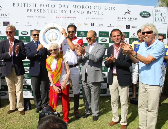 Exclusif - Sir Richard Branson, sa mère Eve Branson et Amar Abdelhadi, PDG du Jnan Amar Polo Resort - British Polo Day au Jnan Amar Polo Club à Marrakech au profit de la Fondation Eve Branson le 25 avril 2015.