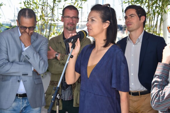 Isabelle Giordano, Abderrahmane Sissako, Mathieu Gallet - Remise des prix France culture cinéma sur le Pavillon UniFrance films lors du 68e Festival de Cannes  le 16 mai 2015 