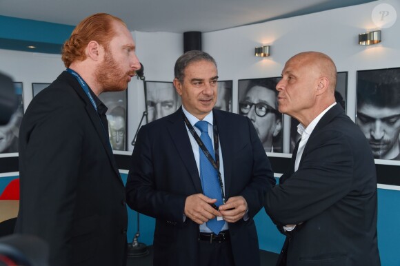 Exclusif - Olivier Poivre d'Arvor et le ministre libanais Michel Pharaon - Remise des prix France culture cinéma sur le Pavillon UniFrance films lors du 68e Festival de Cannes  le 16 mai 2015 