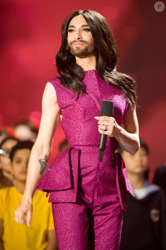 Conchita Wurst - Répétitions de la grande finale de l'Eurovision 2015 à Vienne. Le 22 mai 2015.