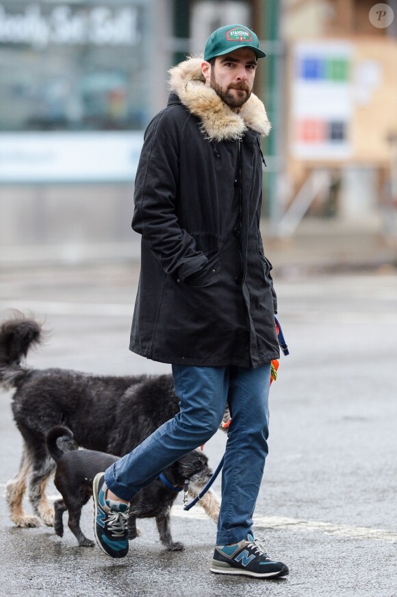 Zachary Quinto promène ses chiens à New York, le 10 décembre 2014. 
