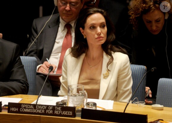 La superbe actrice Angelina Jolie intervient devant le Conseil de sécurité de l'ONU, en sa qualité d'envoyée spéciale du Haut commissariat de l'ONU, le vendredi 24 avril 2015