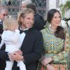 Andrea Casiraghi, son fils Sacha et sa femme Tatiana - Mariage de Noor Farès et Alexandre Khawam en l'église Sainte-Catherine de Honfleur, le 13 juin 2015.