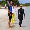 Exclusif - Agnès Falco (Secrétaire Général de la Fondation Princesse Charlène), la princesse Charlène de Monaco, Pierre Frolla (plongeur apnéiste monégasque) ont participé à l'opération "Water Safety, pour la prévention de la noyade" à playa Baggia sur la plage de Palombaggia à Porto-Vecchio en Corse le 23 Juin 2015.