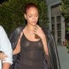 Rihanna, habillée d'un perfecto Schott NYC et d'un débardeur transparent, quitte le restaurant Giorgio Baldi à Santa Monica. Los Angeles, le 30 juin 2015.