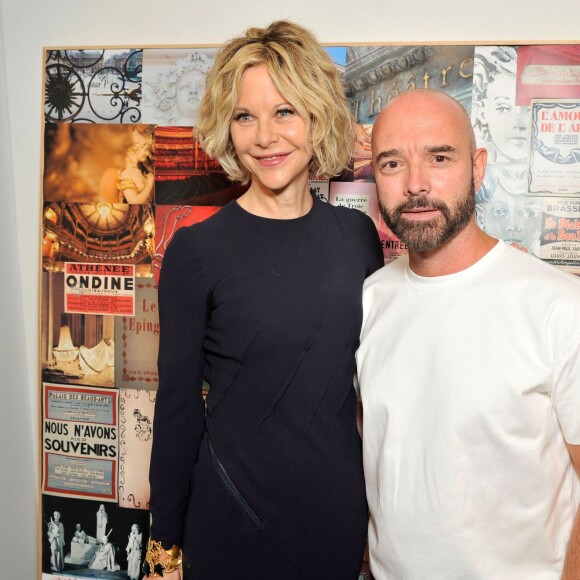 Meg Ryan, Bertrand Guyon au défilé de mode "Schiaparelli", collection Haute-Couture automne-hiver 2015/2016 à l'hôtel d'Evreux à Paris, le 6 juillet 2015.