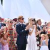 Charlotte Casiraghi, Pierre Casiraghi et sa fiancée Beatrice Borromeo. La famille princière de Monaco célébrait le 11 juillet 2015 autour du prince Albert II et de la princesse Charlene les 10 ans de l'avènement du souverain monégasque.