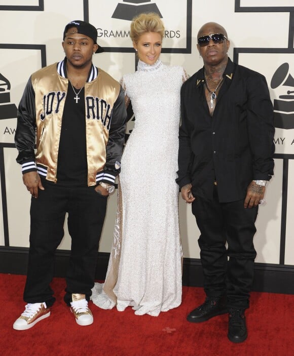 Paris Hilton, Mack Maine et Birdman aux 56e Grammy Awards à Los Angeles. Janvier 2014.
