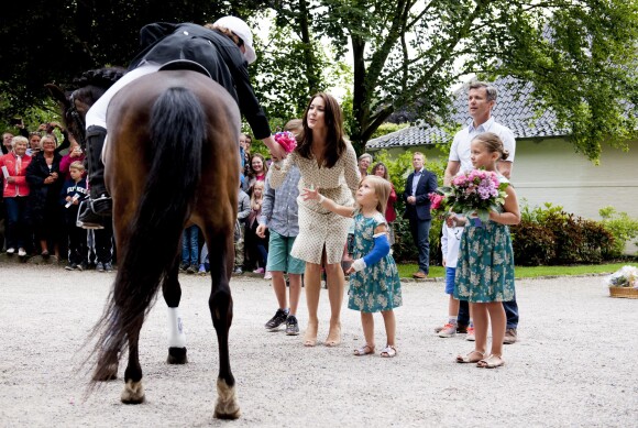 Mary et Frederik de Danemark, avec leurs quatre enfants (Christian, Isabella, Vincent et Josephine), assistaient le 19 juillet 2015 dans la cour du château de Grasten à la parade d'une association de cavaliers.