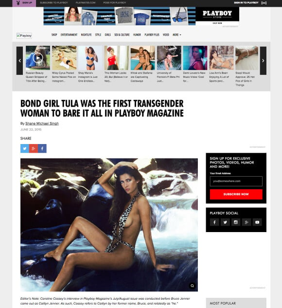 L'interview de Caroline "Tula" Cossey a été publié sur Playboy.com le 23 juin 2015.