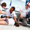 Exclusif - La princesse Charlene de Monaco avec Pierre Frolla et le prince Albert II lors de l'opération Water Safety, pour la prévention de la noyade menée le 23 juin 2015 en Corse par sa fondation, sur la plage de la Palombaggia.