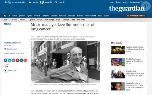 Jazz Summers, fameux manager britannique, est décédé le 14 août 2015 à 71 ans, des suites d'un cancer.