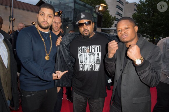 O'Shea Jackson Jr., Ice Cube et Jason Mitchell assistent à l'avant-première parisienne du film "N.W.A. - Straight Outta Compton" à l'UGC Ciné Cité Bercy. Paris, le 24 août 2015.