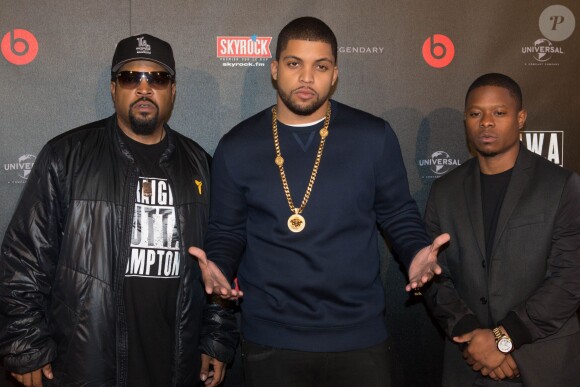 Ice Cube (O'Shea Jackson), son fils O'Shea Jackson Jr. et Jason Mitchell assistent à l'avant-première parisienne du film "N.W.A. - Straight Outta Compton" à l'UGC Ciné Cité Bercy. Paris, le 24 août 2015.