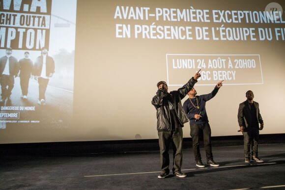 Ice Cube, son fils l'acteur O'Shea Jackson Jr. et Jason Mitchell présentent le film "N.W.A. - Straight Outta Compton" à l'UGC Ciné Cité Bercy. Paris, le 24 août 2015.