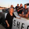 Exclusif - Brigitte Bardot pose avec l'équipage de Brigitte Bardot Sea Shepherd, le célèbre trimaran d'intervention de l'organisation écologiste, sur le port de Saint-Tropez, le 26 septembre 2014 en escale pour 3 jours à deux jours de ses 80 ans. Cela fait au moins dix ans qu'elle n'est pas apparue en public sur le port tropézien.