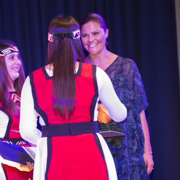 La princesse Victoria de Suède remettait le 25 août 2015 la Stockholm Junior Water Prize à Perry Alagappan, lors d'un gala au Grand Hotel à Stockholm.