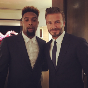 Odell Beckham Jr. et David Beckham lors d'un dîner organisé par Vogue et Burberry à Los Angeles. Photo publiée le 16 avril 2015.