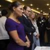 La princesse Victoria de Suède, enceinte de son deuxième enfant, prenait part avec son mari le prince Daniel à un forum commercial franco-suédois au Grand Hotel à Stockholm le 14 septembre 2015