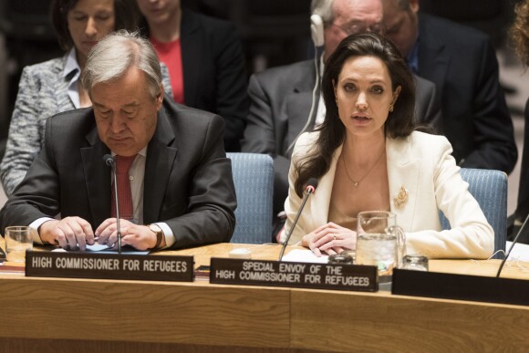 Angelina Jolie parle des réfugiés syriens lors d'une conférence à l’ONU, le 24 avril 2015.