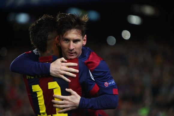 Neymar Jr et Lionel Messi - Grâce à un doublé de Messi et un but de Neymar, le Barça a pris l'avantage sur le Bayern dans leur demi-finale de Ligue des Champions à Barcelone en Espagne le 6 mai 2015.