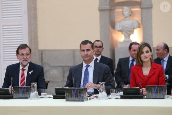 Le roi Felipe VI et la reine Letizia d'Espagne présidaient la réunion annuelle du patronage de l'Institut Cervantes au palais royal du Pardo à Madrid, le 19 octobre 2015, suivie d'un déjeuner.
