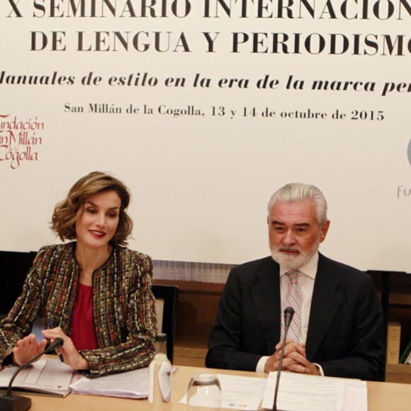 La reine Letizia d'Espagne assiste au Xe séminaire international sur la langue et le journalisme à Logroño, le 13 octobre 2015.