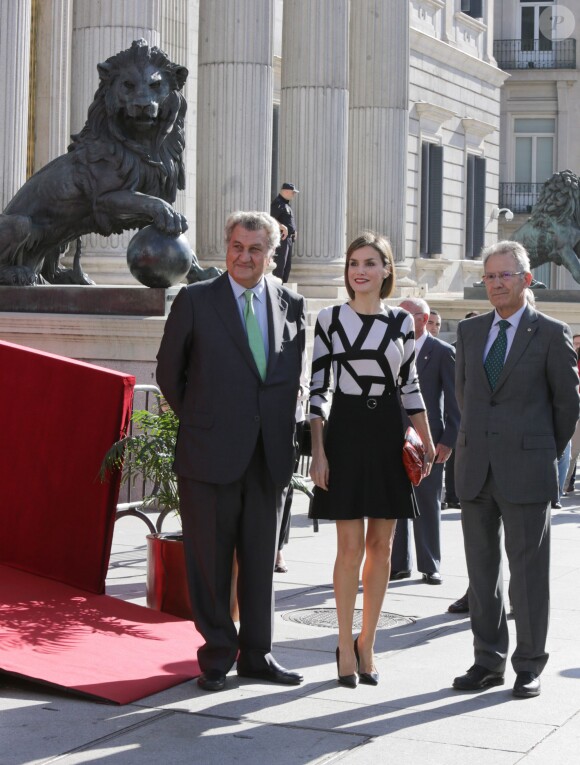 La reine Letizia d'Espagne, en haut Adolfo Dominguez et jupe Hugo Boss, lors de la Journée de solidarité au profit de la Croix-Rouge à Madrid, le 2 octobre 2015.