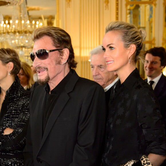 Johnny Hallyday et sa femme Laeticia - Remise de décoration de Commandeur de l'Ordre des Arts et des Lettres à Harvey Keitel au ministère de la culture à Paris. Le 13 octobre 2015  No Web No Blog pour Belgique et Suisse - U.S actor Harvey Keitel is awarded Commander in the Order of Arts and Letters during a ceremony at the Culture Ministry in Paris, France, Tuesday, Oct. 13 201513/10/2015 - 