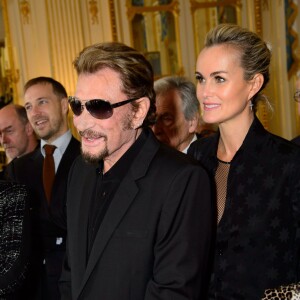 Johnny Hallyday et sa femme Laeticia - Remise de décoration de Commandeur de l'Ordre des Arts et des Lettres à Harvey Keitel au ministère de la culture à Paris le 13 octobre 2015.