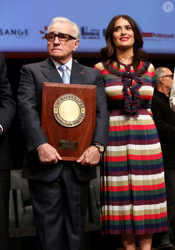 Martin Scorsese et Salma Hayek - Remise du 7e Prix Lumière à Martin Scorsese au Palais des Congrès de Lyon, lors du Festival Lumière le 16 octobre 2015.
