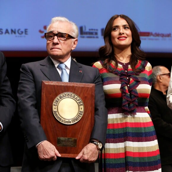 Martin Scorsese et Salma Hayek - Remise du 7e Prix Lumière à Martin Scorsese au Palais des Congrès de Lyon, lors du Festival Lumière le 16 octobre 2015.