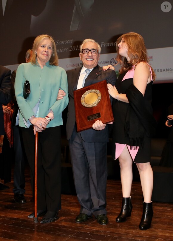 Martin Scorsese entouré de sa femme, Helen Morris, et de sa fille Francesca - Remise du 7e Prix Lumière à Martin Scorsese au Palais des Congrès de Lyon, lors du Festival Lumière le 16 octobre 2015.