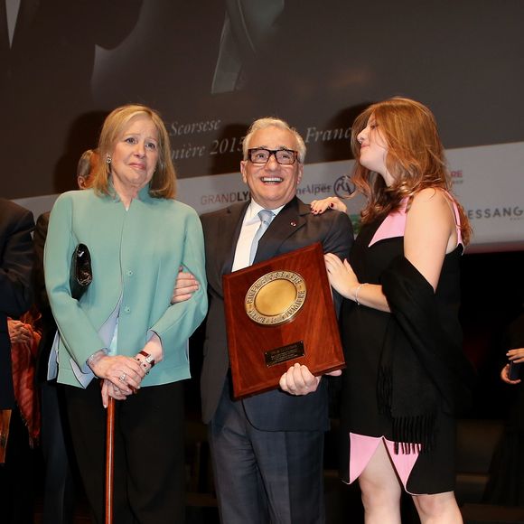 Martin Scorsese entouré de sa femme, Helen Morris, et de sa fille Francesca - Remise du 7e Prix Lumière à Martin Scorsese au Palais des Congrès de Lyon, lors du Festival Lumière le 16 octobre 2015.