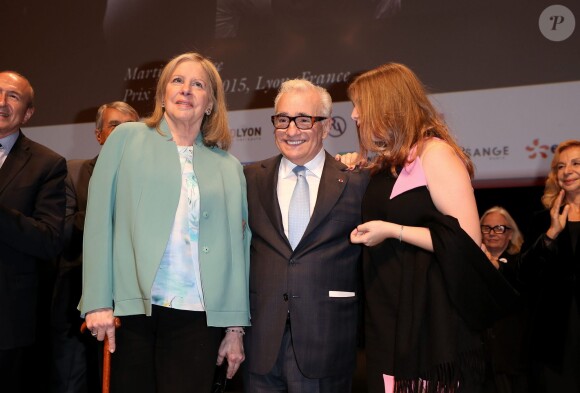 Martin Scorsese entouré de sa femme, Helen Morris, et de sa fille Francesca - Remise du 7e Prix Lumière à Martin Scorsese au Palais des Congrès de Lyon, lors du Festival Lumière le 16 octobre 2015.