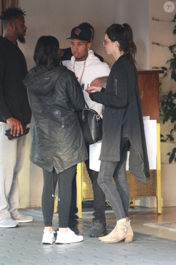 Kylie Jenner and boyfriend Tyga get cozy together as they exit the Sunset Tower Hotel in West Hollywood, Los Angeles, CA, USA on October 22, 2015, with Kendall Jenner and another male friend. Photo by GSI/ABACAPRESS.COM23/10/2015 - Los Angeles