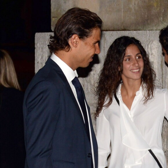 Rafael Nadal et sa compagne Xisca lors des obsèques du pianiste Rafael Nadal, le grand-père du tennisman, en l'église Nuetra Senora de los Dolores à Manacor, sur l'île de Majorque le 8 septembre 2015