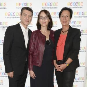 Marc Lavoine, Delphine Ernotte (présidente de France Télévisions), Laurence Tiennot-Herment (présidente de l'AFM-Téléthon) - Conférence de presse du Téléthon 2015, à France Télévisions à Paris le 4 novembre 2015. Le Téléthon 2015 aura lieu le 4 et le 5 décembre et le parrain de cette édition sera Marc Lavoine.