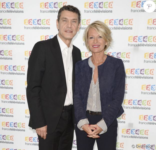 Marc Lavoine, Sophie Davant - Conférence de presse du Téléthon 2015, à France Télévisions à Paris le 4 novembre 2015. Le Téléthon 2015 aura lieu le 4 et le 5 décembre et le parrain de cette édition sera Marc Lavoine.