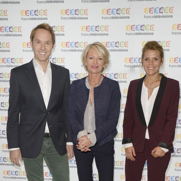 Damien Thévenot, Sophie Davant, Laura Tenoudji - Conférence de presse du Téléthon 2015, à France Télévisions à Paris le 4 novembre 2015.