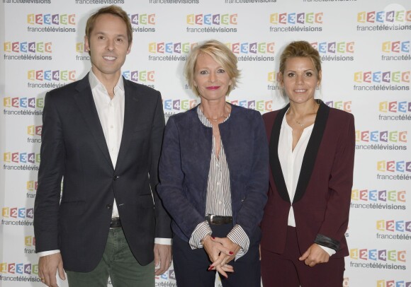 Damien Thévenot, Sophie Davant, Laura Tenoudji - Conférence de presse du Téléthon 2015, à France Télévisions à Paris le 4 novembre 2015.