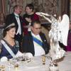 La princesse Victoria, enceinte, prenait part au dîner d'Etat donné par le roi Carl XVI Gustaf et la reine Silvia de Suède le 4 novembre 2015 au palais Drottningholm à Stockholm un dîner d'Etat en l'honneur du président tunisien Béji Caïd Essebsi et son épouse Saïda.