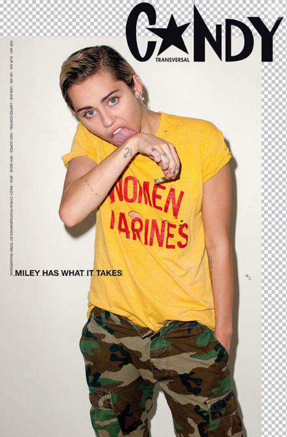 Miley Cyrus, dans un look militaire, pose pour l'édition hiver 2015/2016 du magazine américain Candy.