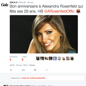 Gala souhaite un joyeux anniversaire à Alexandra Rosenfeld... qui leur reproche leur choix de photo, le 23 novembre 2015.