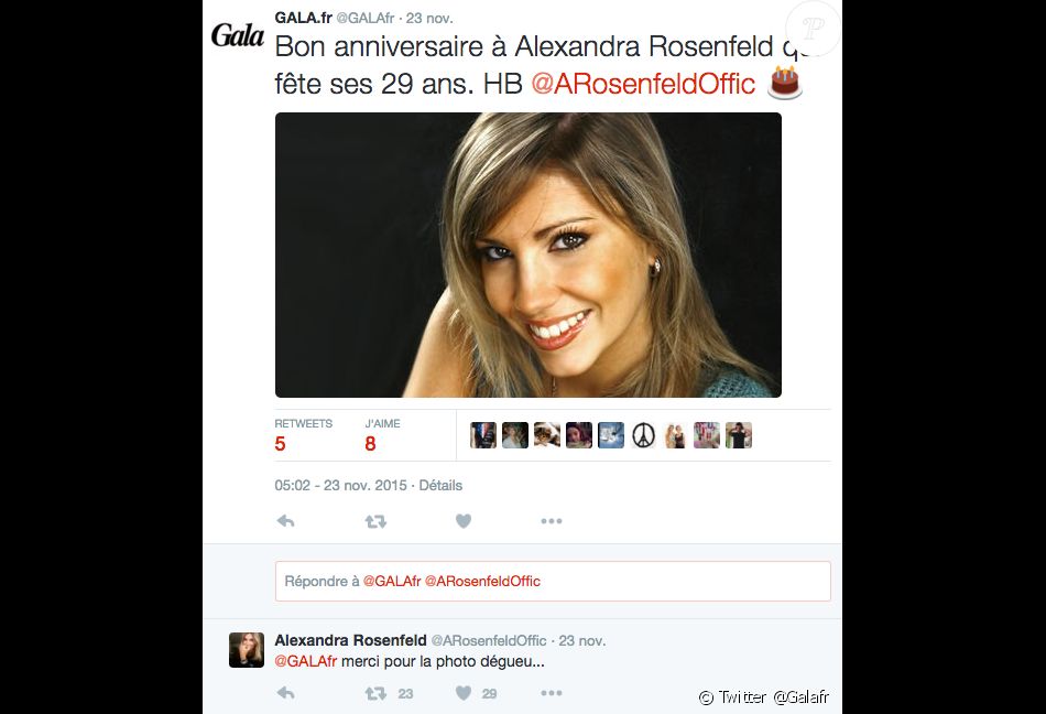 Gala Souhaite Un Joyeux Anniversaire A Alexandra Rosenfeld Qui Leur Reproche Leur Choix De Photo Le 23 Novembre 15 Purepeople