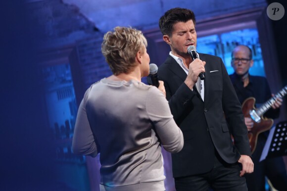 Exclusif - Muriel Robin et Vincent Niclo, lors de l'enregistrement de l'émission Du côté de chez Dave à La plaine Saint-Denis, le 21 octobre 2015 (diffusion le dimanche 29 novembre 2015.)