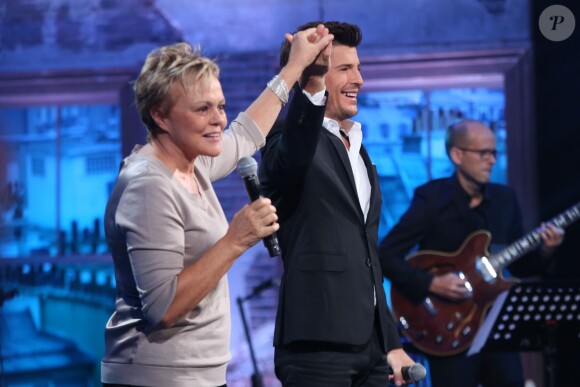 Exclusif - Muriel Robin et Vincent Niclo, lors de l'enregistrement de l'émission Du côté de chez Dave à La plaine Saint-Denis, le 21 octobre 2015 (diffusion le dimanche 29 novembre 2015.)