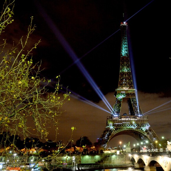 La Tour Eiffel s'est habillée de reflets verts dimanche soir à l’occasion de la conférence mondiale sur le climat, avec le lancement de l'une oeuvre artistique de l'artiste belgo-tunisienne Naziha Mestaou visant à faire pousser des arbres virtuels sur le monument parisien tout en finançant des opérations de reforestation à Paris le 29 novembre 2015. Cette opération "1 Heart 1 Tree", lancée en présence du secrétaire général de l’ONU Ban Ki-moon, du chef indien Raoni, de Nicolas Hulot ou encore l’actrice Marion Cotillard, doit colorer en vert le célèbre monument jusqu’à vendredi. © Rachid Bellak