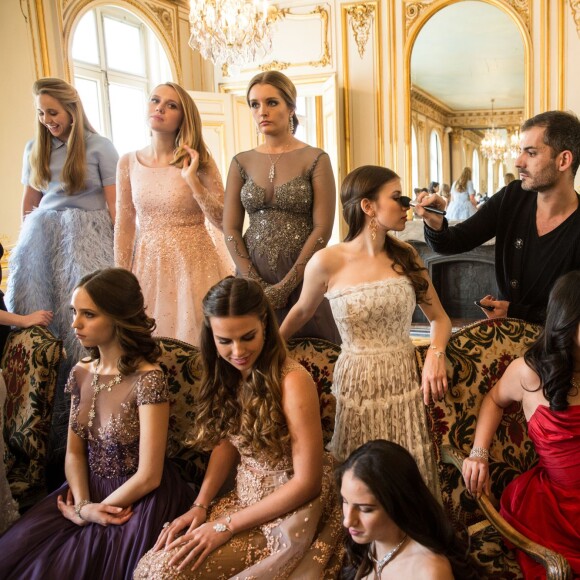 Exclusif - Olivia Hallisey (robe Giambattista Valli Haute-Couture, bijoux Payal New York), Klio Kosuth (robe Georges Hobeika, bijoux Payal New York), Zofia Krasicki v Siecin (robe Oglia-Loro, bijoux Payal New York), Comtesse Gloria de Limburg Stirum (robe Zuhair Murad, bijoux Payal New York), Inès de Bragança (robe Elie Saab Haute-Couture, bijoux Payal New York), Madeleine Thompson (robe Lanvin, bijoux Payal New York), Dominique Cojuangco (robe Vivienne Westwood, bijoux Payal New York)    lors des préparatifs de la vingt-troisième édition du Bal au Palais de Chaillot à Paris, le 28 novembre 2015. © Jacovides/Borde/Moreau/Bestimage